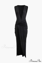 Wrap Ruched Slit Deep Graceful V-neck Sleeveless Maxi Dress