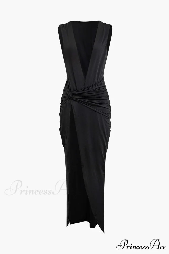 Wrap Ruched Slit Deep Graceful V-neck Sleeveless Maxi Dress