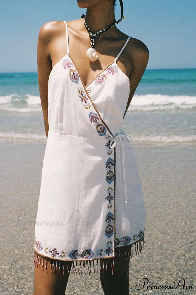 Wrap Tassel Hem Charming V-neck Slip Mini Dress