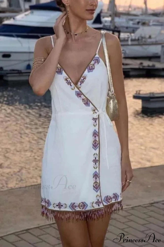 Wrap Tassel Hem Charming V-neck Slip Mini Dress