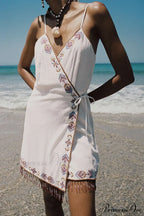 Wrap Tassel Hem Charming V-neck Slip Mini Dress