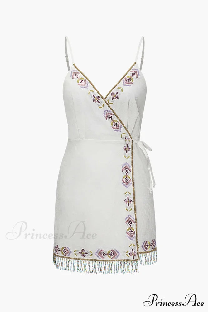 Wrap Tassel Hem Charming V-neck Slip Mini Dress