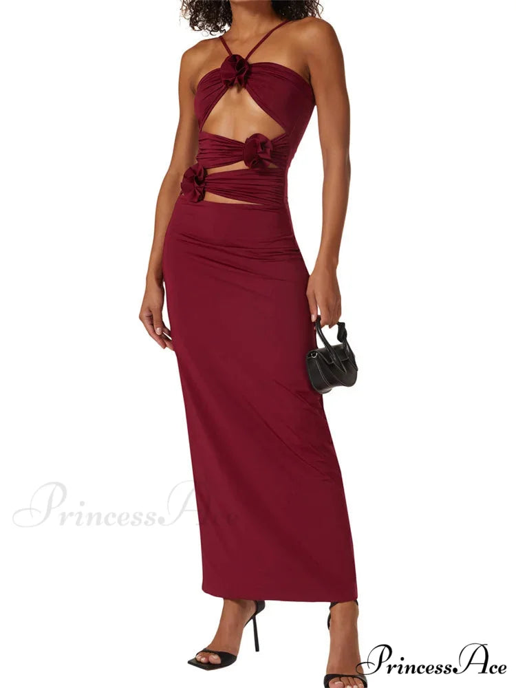 Y2K 3D Flowers Fairy Sexy Hollow Out Slim Summer Back Split Beach Party Club Outfits Vestidos