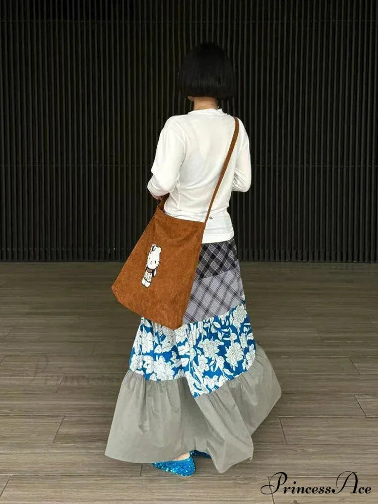 Y2K Azure Floral Patch Full Skirt Customized Big Pocket Skirt