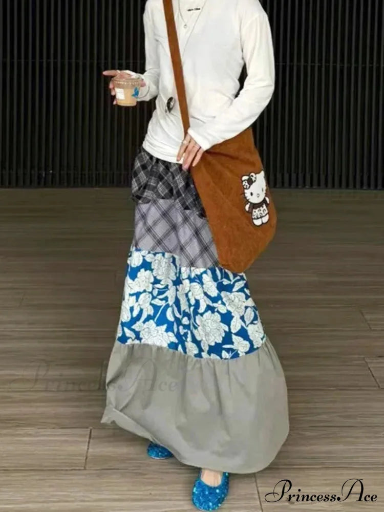 Y2K Azure Floral Patch Full Skirt Customized Big Pocket Skirt