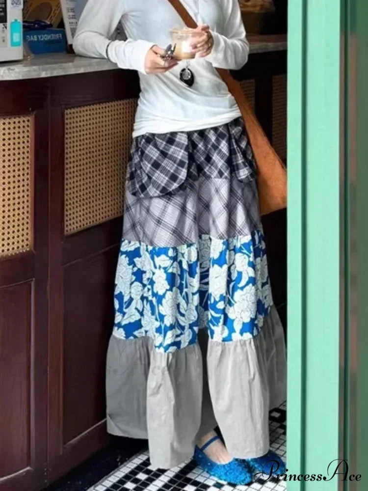 Y2K Azure Floral Patch Full Skirt Customized Big Pocket Skirt