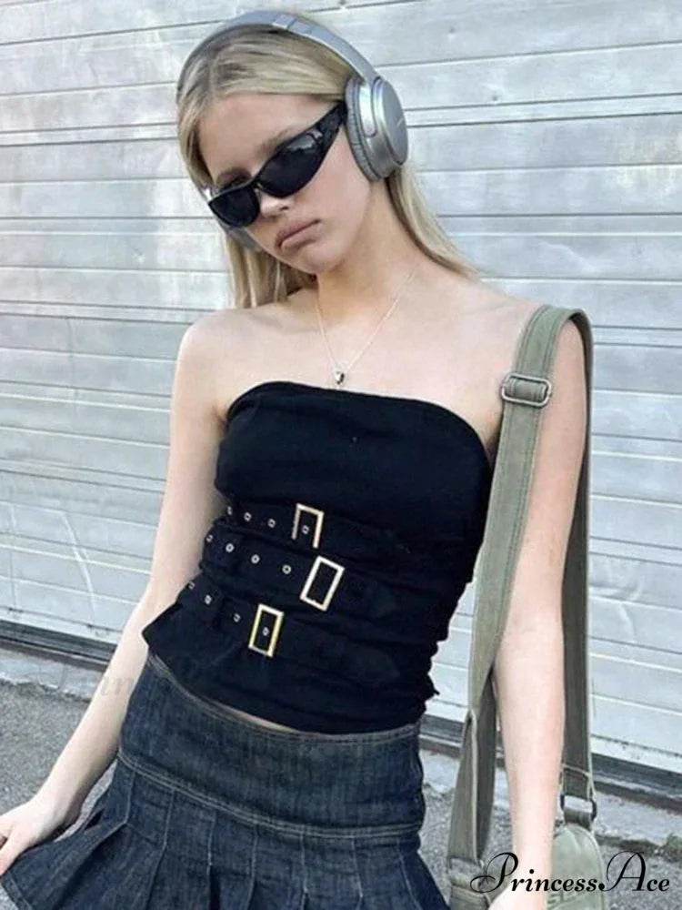 Y2K Bandage Buckle Corset Black Punk Grunge Gothic Retro Streetwear Crop Top