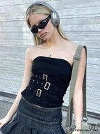 Y2K Bandage Buckle Corset Black Punk Grunge Gothic Retro Streetwear Crop Top