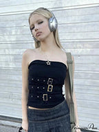 Y2K Bandage Buckle Corset Black Punk Grunge Gothic Retro Streetwear Crop Top