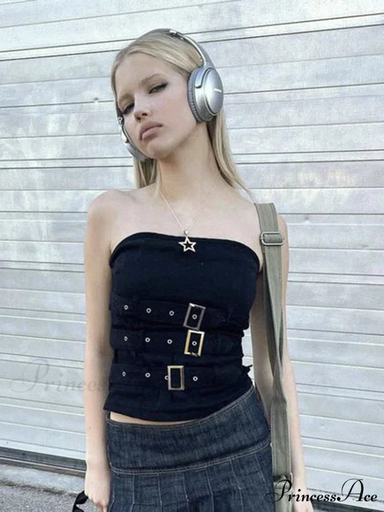 Y2K Bandage Buckle Corset Black Punk Grunge Gothic Retro Streetwear Crop Top