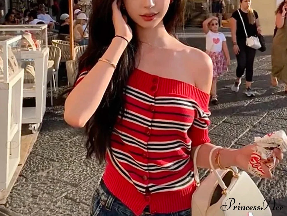 Y2K Banded Knitted Off Shoulder Button-front Sweater Knit Top