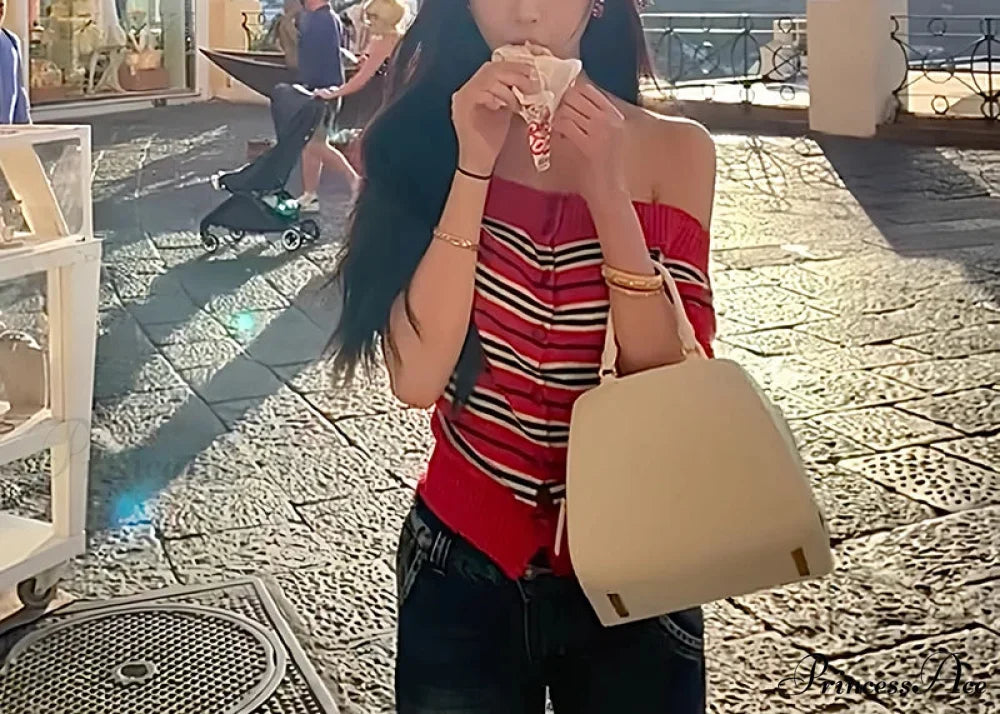 Y2K Banded Knitted Off Shoulder Button-front Sweater Knit Top