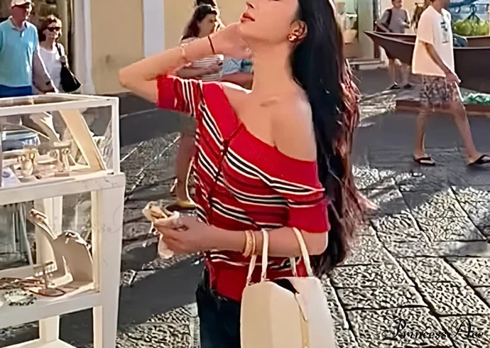 Y2K Banded Knitted Off Shoulder Button-front Sweater Knit Top