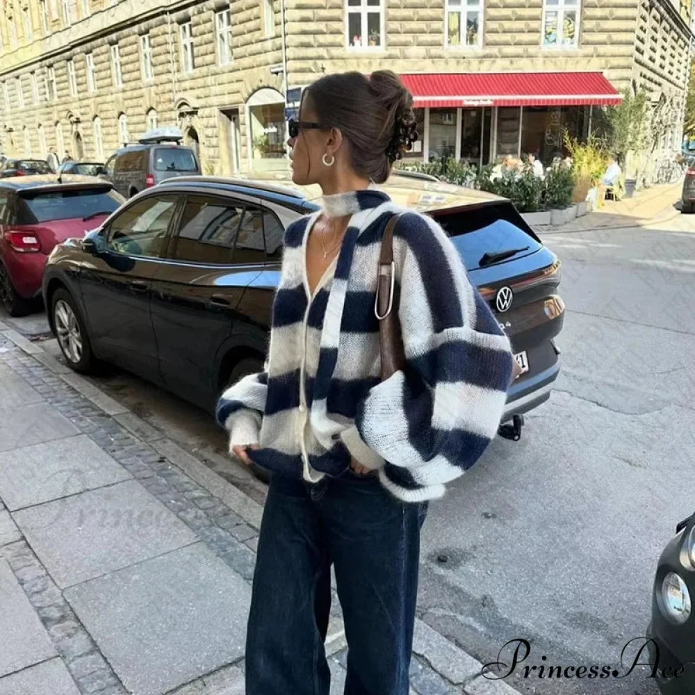 Y2K Banded Relaxed Cardigan Sweater
