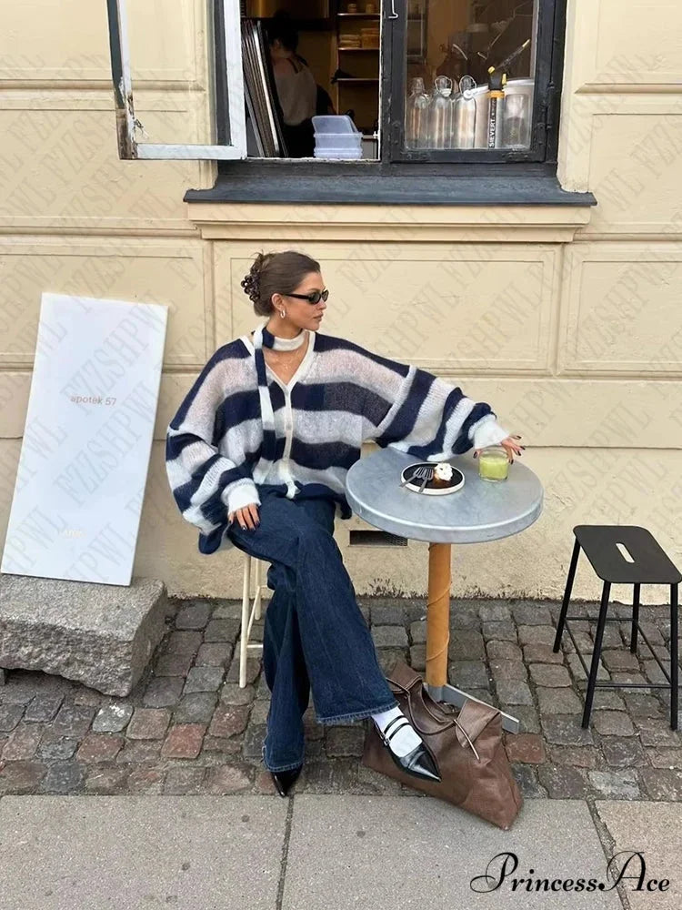 Y2K Banded Relaxed Cardigan Sweater