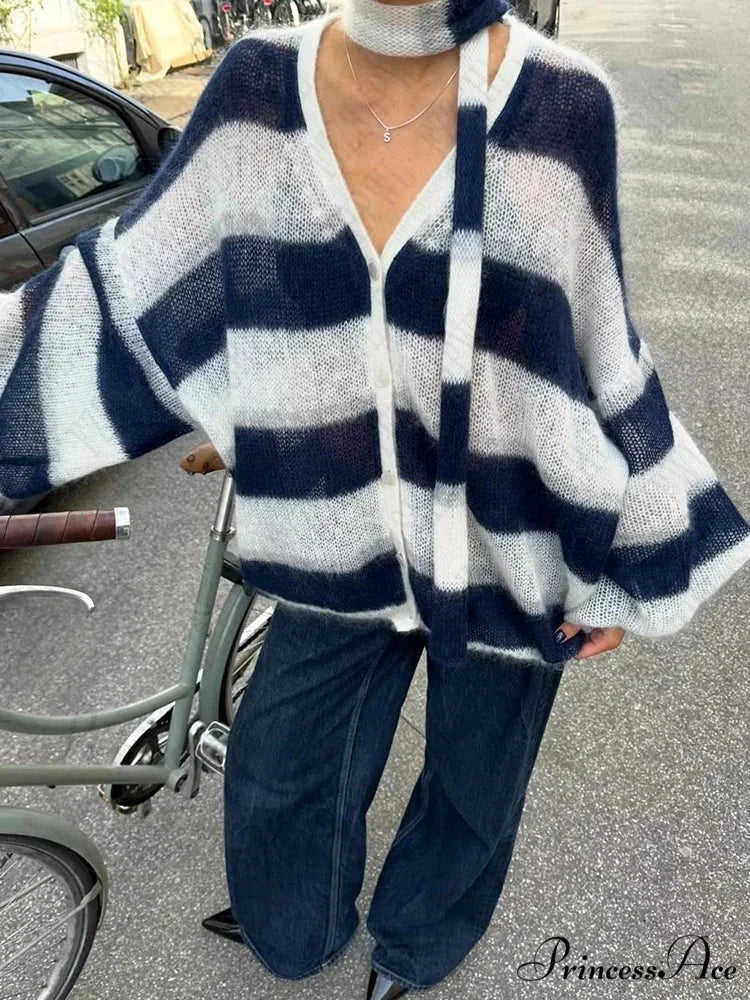 Y2K Banded Relaxed Cardigan Sweater