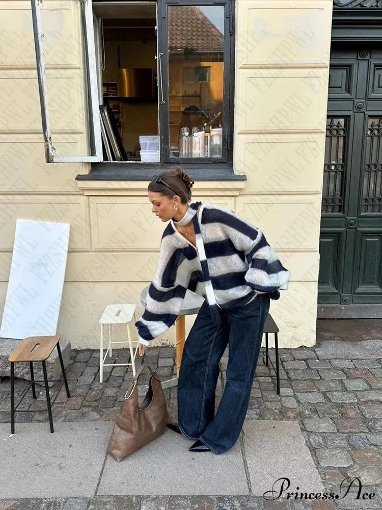 Y2K Banded Relaxed Cardigan Sweater