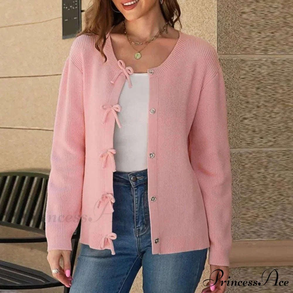 Y2K Bow Front Round Neck Cardigan