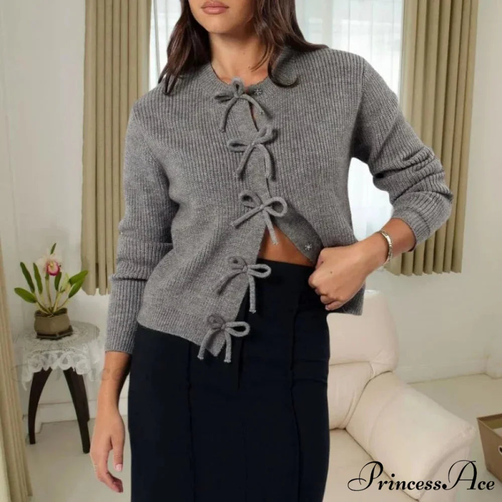 Y2K Bow Front Round Neck Cardigan