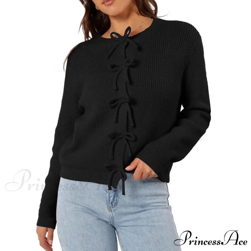 Y2K Bow Front Round Neck Cardigan