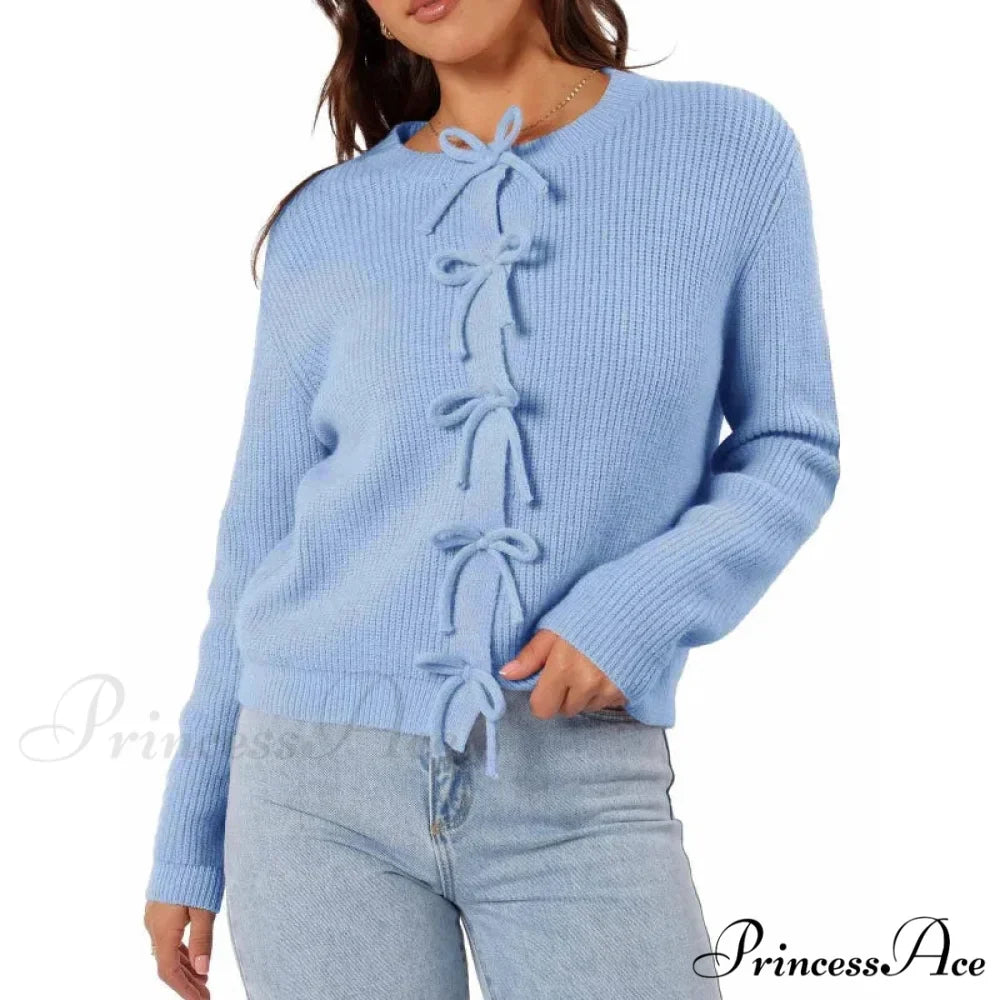 Y2K Bow Front Round Neck Cardigan