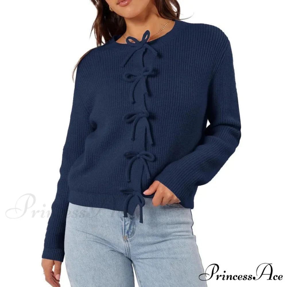 Y2K Bow Front Round Neck Cardigan