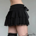Y2k Bow Lace Trim A-line Party Mini Mall Gothic Ruffles Low Waist Black Women Lolita Fashion Skirt