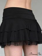 Y2k Bow Lace Trim A-line Party Mini Mall Gothic Ruffles Low Waist Black Women Lolita Fashion Skirt