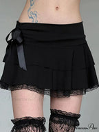 Y2k Bow Lace Trim A-line Party Mini Mall Gothic Ruffles Low Waist Black Women Lolita Fashion Skirt