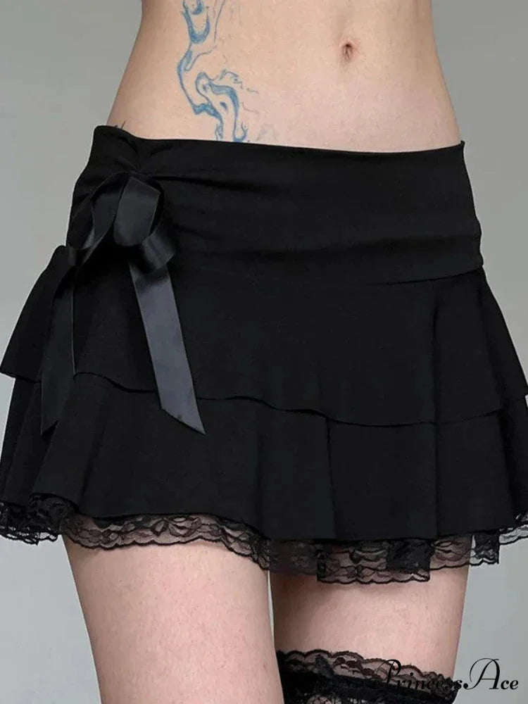 Y2k Bow Lace Trim A-line Party Mini Mall Gothic Ruffles Low Waist Black Women Lolita Fashion Skirt