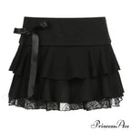 Y2k Bow Lace Trim A-line Party Mini Mall Gothic Ruffles Low Waist Black Women Lolita Fashion Skirt