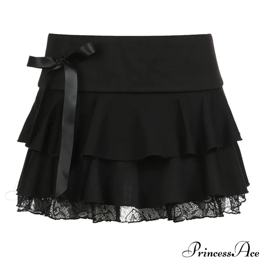 Y2k Bow Lace Trim A-line Party Mini Mall Gothic Ruffles Low Waist Black Women Lolita Fashion Skirt