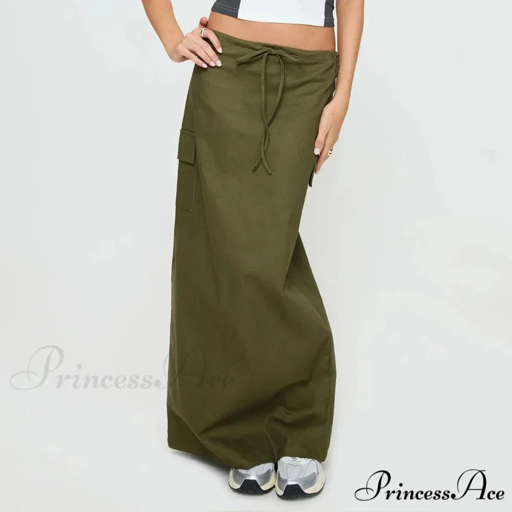 Y2K Cargo Drawstring Bodycon Slit Maxi Skirt