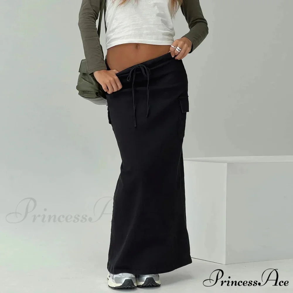 Y2K Cargo Drawstring Bodycon Slit Maxi Skirt