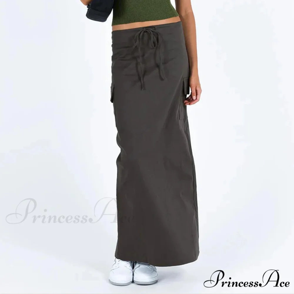 Y2K Cargo Drawstring Bodycon Slit Maxi Skirt
