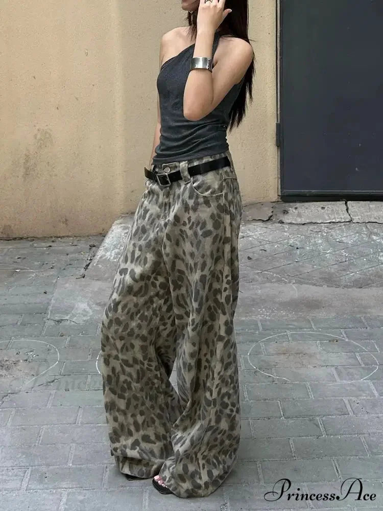 Y2K Cleaned Leopard Print Wide Leg Denim Trousers