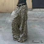 Y2K Cleaned Leopard Print Wide Leg Denim Trousers