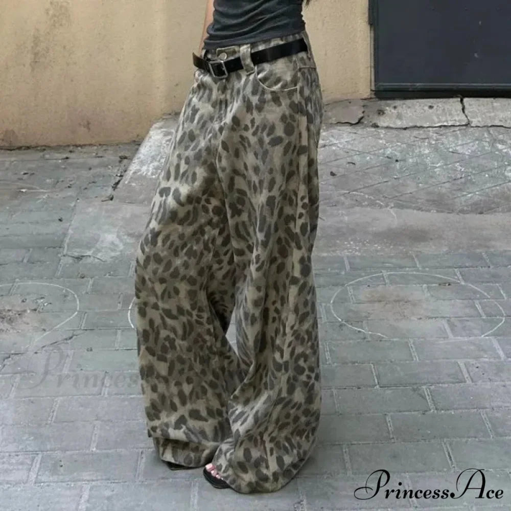Y2K Cleaned Leopard Print Wide Leg Denim Trousers