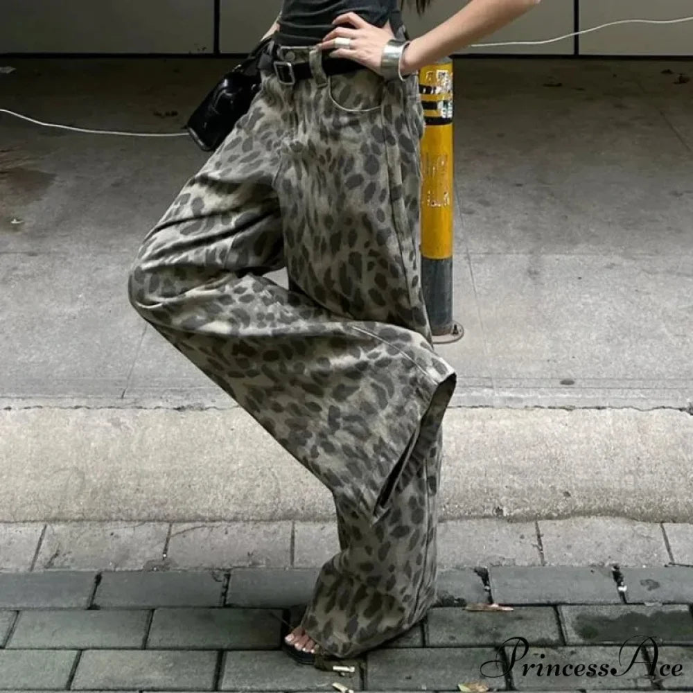 Y2K Cleaned Leopard Print Wide Leg Denim Trousers