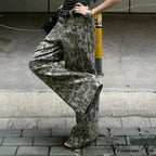 Y2K Cleaned Leopard Print Wide Leg Denim Trousers