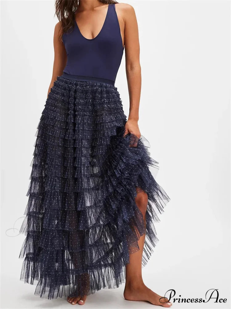 Y2K Enchanting Ruffle Long Slip Skirt Flexible Lace Tulle Tutu