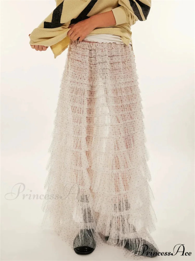 Y2K Enchanting Ruffle Long Slip Skirt Flexible Lace Tulle Tutu