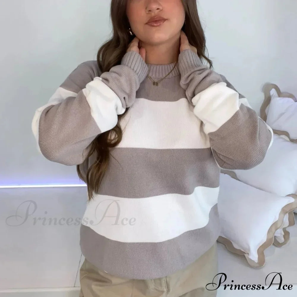 Y2K Fall Baggy Fit Stripe Print Color Block Knit Top