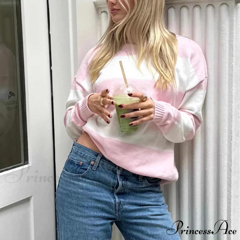 Y2K Fall Baggy Fit Stripe Print Color Block Knit Top