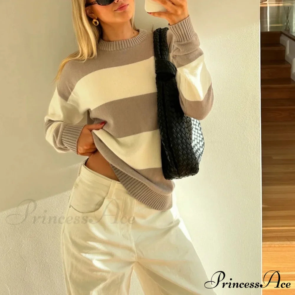 Y2K Fall Baggy Fit Stripe Print Color Block Knit Top