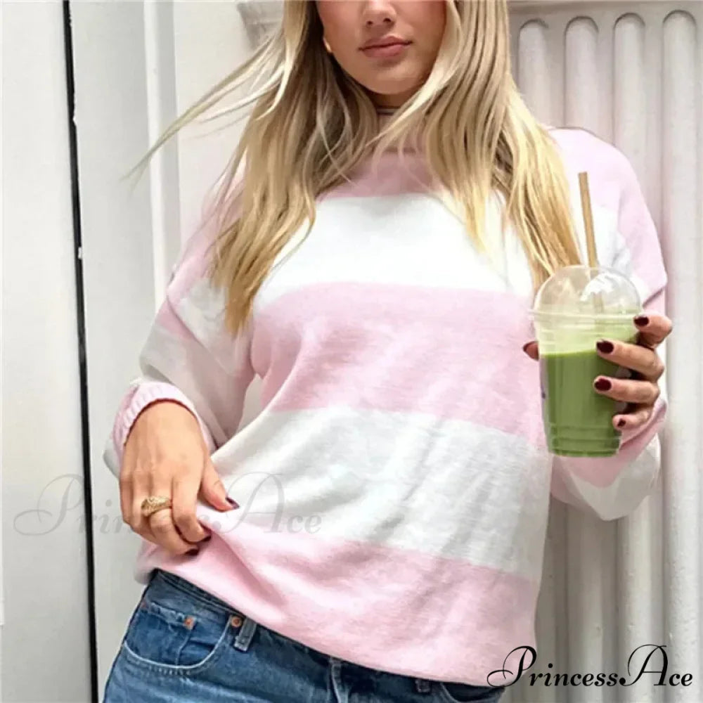 Y2K Fall Baggy Fit Stripe Print Color Block Knit Top