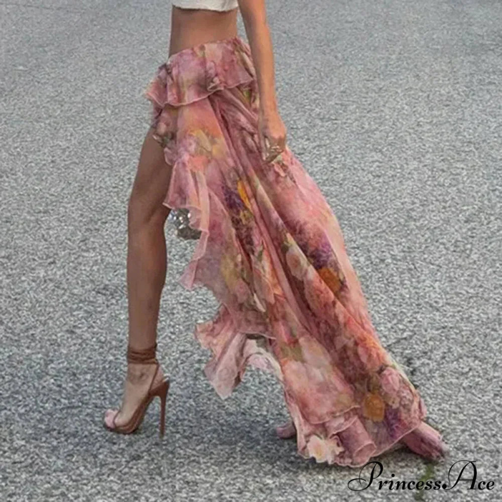 Y2K Flowery Printed Lower Waist Lace Vacation Skirt