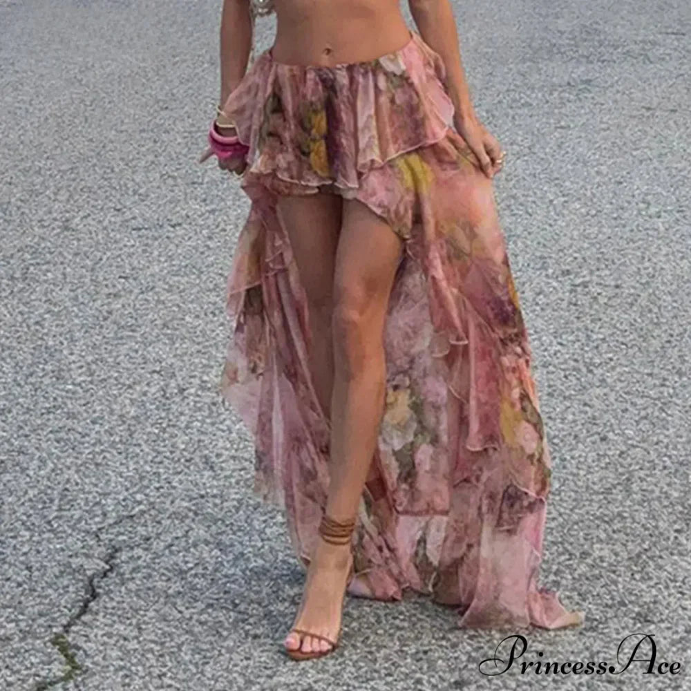 Y2K Flowery Printed Lower Waist Lace Vacation Skirt