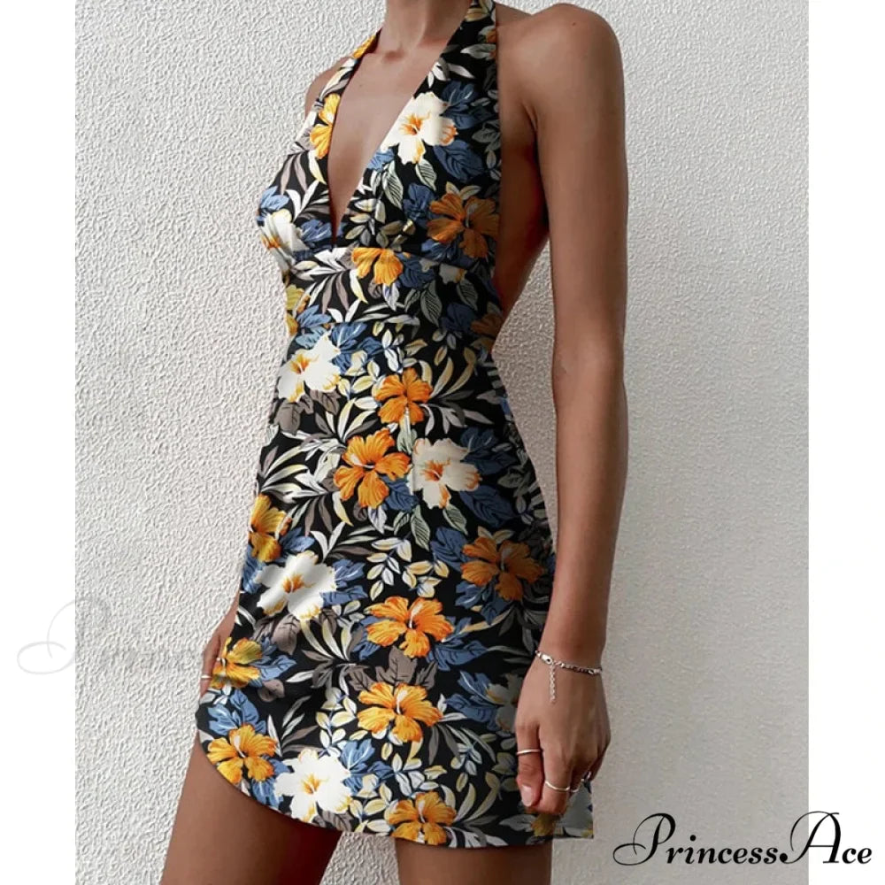 Y2K Flowery Sleeveless Halter Neck Backless Floral Dress
