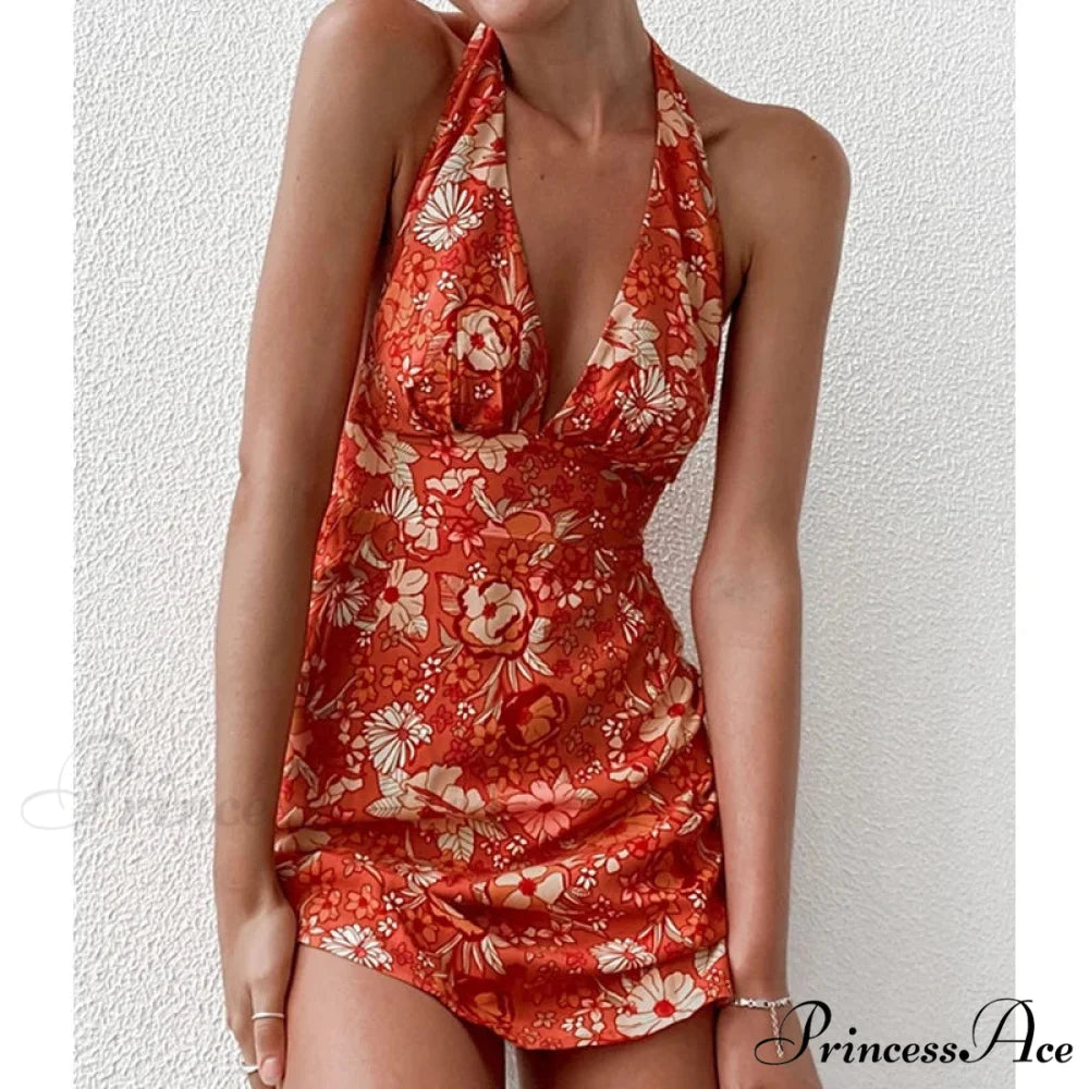 Y2K Flowery Sleeveless Halter Neck Backless Floral Dress
